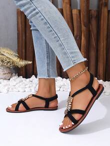 女士纯色波西米亚圆头夏季海滩婚礼节日派对平底凉鞋