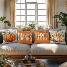 4PC Orange Polka Dot Pumpkin Text Throw Pillow Cover (17.71inx17.71in) Modern Style, Comfortable Pillow Cover, Suitable For Farm, Living Room, Sofa, Bedroom Furniture Decoration, Office Decoration, Best Gift (Pillow Insert Not Included) (Printed On One Side)