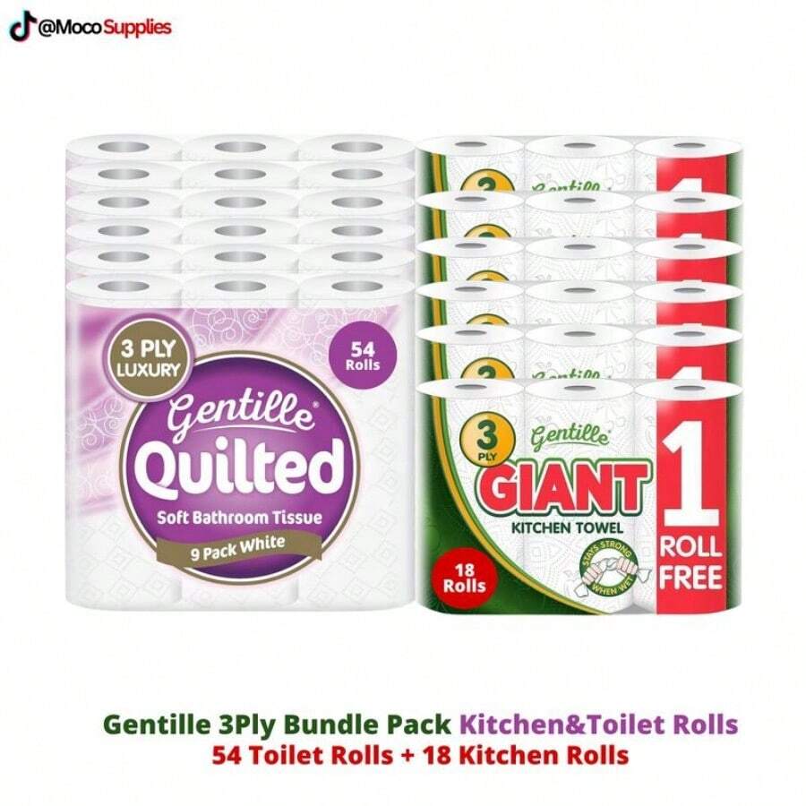 18 Kitchen Rolls & 54 Toilet Rolls Gentille Giant 3 Ply Bundle Pack Thickness Paper Towel-Extra Strong, Absorbent, Tough, Durable Kitchen Rolls & Toilet Rolls - Multipurpose Wipes