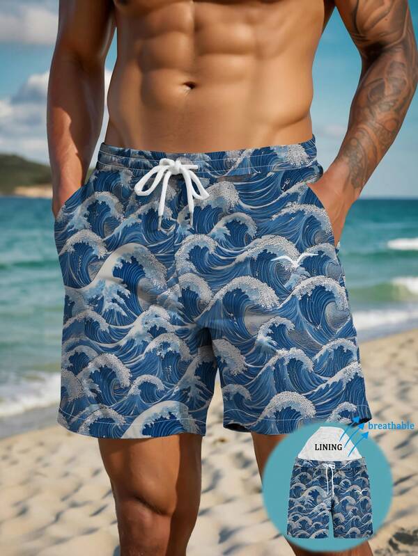 Men's Summer Printed Pattern Drawstring Waist Oblique Pocket Hawaiian Quick-Dry Double-Layer Mesh Lining Shorts, 3D Ocean Wave Print, Fashionable Casual Beach Vacation Swim Trunks