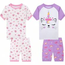 Girls Pure Cotton Summer Pjs Size 2T-14Years, Little Girls Short Sleeve 4-Piece Sleepwear Kids Toddler Pajamas Set - 白色和紫色的可愛貓咪 - 查看 1