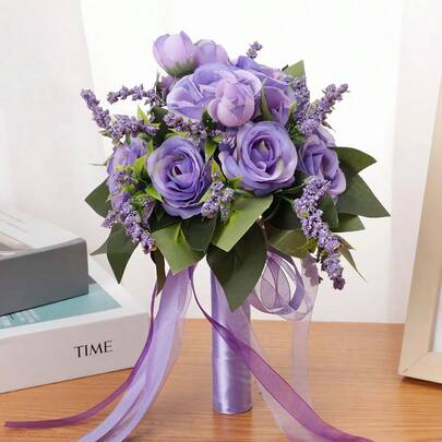 1 st ny konstgjord lila rosblombukett, bröllopstillbehör för brudtärnor, brudar, fotorekvisita, elegant och romantisk bröllopsdekor