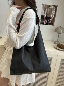 2025时尚牛仔纹理通勤托特包，极简小众设计腋下包，大容量单肩包 - 黑色 - 查看 4