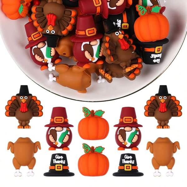 10pcs New 3D Thanksgiving Series Silicone Focus Beads, Pumpkin, Turkey, Fashion Design, Beads For Jewelry Making, Great For DIY Bracelets, Beaded Pen Accessories, Keychains, Party Decorations And Other Handmade Crafts - Ideal Gifts