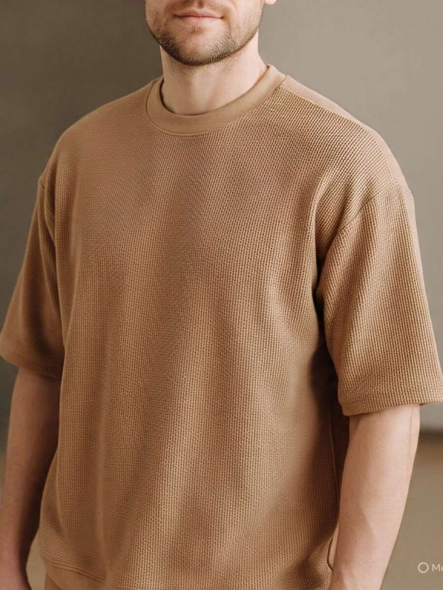 RelaxMax Men's Casual Oversized Textured Mesh Shirt - 駝色 - 查看 1