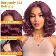 Parrucca da 12 pollici in capelli vergini brasiliani, onda morbida a onde, con frontalino in pizzo 13x4, densità 200%, parrucca frontale in pizzo HD, capelli misti, colore 99j bordeaux rosso vino, pre-sfoltita, caschetto corto, per donne, con linea naturale dei capelli - SBUG - Visualizzare 4