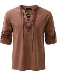 Men's Pirate Medieval Shirt Steampunk Victorian Era Cosplay Costume Renaissance Period Shirt Viking Top - Rust Brown - View 4