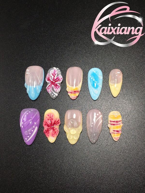 10-Piece Set, 2.5 Almond Shaped Press On Nails For Spring Summer. Yellow French Tips With Handcrafted Carvings, Modeling Gel Hand-Painted Black Lines, Blue French Tips, And Blue Orange Carvings. Stylish, Versatile, And Perfect For Parties.