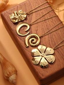 1件装 时尚复古极简镂空花朵几何吊坠项链，女士节日礼物及日常配饰 - 金黃色 - 查看 5