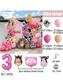 Conjunto de 146 piezas de decoración con arco y guirnalda de globos con tema de granja, incluye 40 pulgadas números del 1 al 9 de globos de aluminio rosas y globos con decoración de animales de granja para fiesta