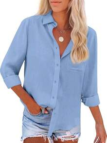 Womens Summer Linen Shirts Casual Button Down 2025 Long Sleeve Cotton Top Blouse Shirt With Pocket - Blue - View 2