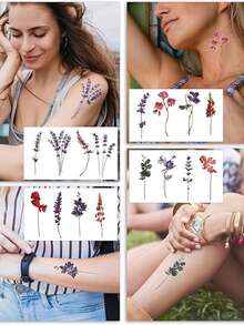 1/15 张花卉图案防水纹身贴，防水持久假纹身，水彩花卉薰衣草临时纹身贴，适合女性女孩、男孩、情侣，成人纹身贴，逼真花朵，适合女性和女孩，适合潮流引领者，可水洗花卉临时纹身，防水、防汗，女士装饰性纹身，适合节日和派对