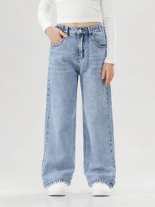 10-14 Year Old Girls' Fashionable Non Elastic Stir Fried Flower Wash Y2K Style Elastic Waist Loose Straight Leg Pants - 淺色水洗藍 - 查看 2