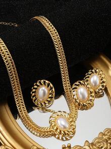 18K Gold Plated Minimalist Fashion Pearl Geometric Pendant Necklace, Earrings, Ring 4-Piece Set, Stainless Steel Material, Non-Fading Gold Plated Jewelry, Suitable For Banquet, Party, Daily Wear, Wedding And Other Occasions - Multicolor - View 3