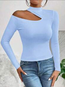Women's T-Shirt Blouse Suplex Fabric Long Sleeve High Neck Asymmetrical Cut Ideal For Meetings And Casual Use - 淺藍色 - 查看 4