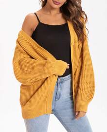 1 Women's Rose/Camel Loose Thick Warm Temperament Sweater Jacket For Home Travel Halloween Top Casual Women's Deep V Neck Drop Shoulder Button Rib-Knit Long Sleeve Midi Cardigan In Wool-Like Fabric - Màu vàng - Xem 5