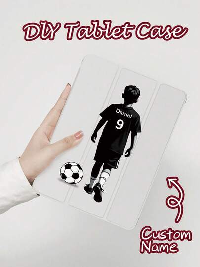 Ayotu Football Boy Pattern Customized Tablet Protective Case, Compatible With IPad 10th Gen, IPad Air 11" (M2)-2024, Galaxy Tab A7 Lite 8.7", With Pencil Slot, Transparent Back Cover, Built-In Pencil Slot, Tri-Fold Stand, Supports Magnetic Sleep/Wake Function, Customized For Soccer Fans, Family And Friends