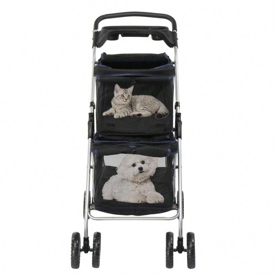 Double Decker Pet Stroller For Dogs/Cats - 2-Tier Ventilated Compartments With Safety Tethers, 360 °   Swivel Wheels & Foldable Design - 1 - View 1