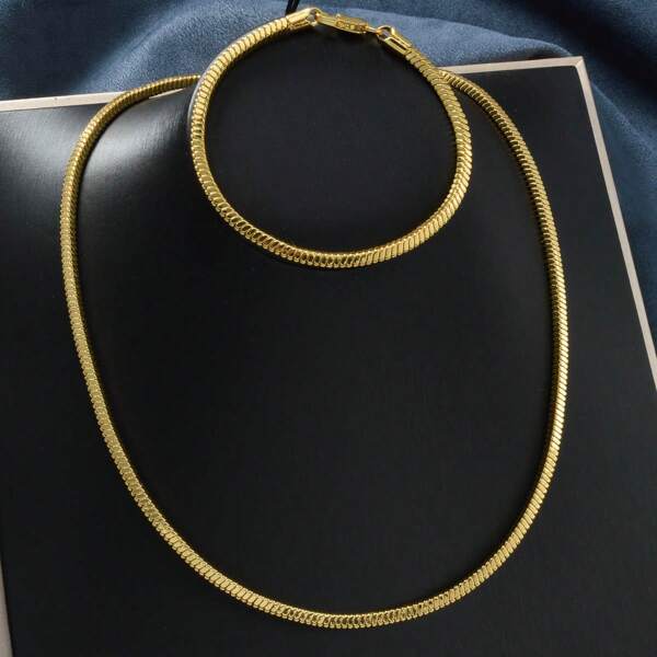 2 Stück minimalistischer Mode 18K Goldplattiert Metall Linie Halskette Armband für Frauen Kupfer Schmuckset geeignet für den täglichen Gebrauch
