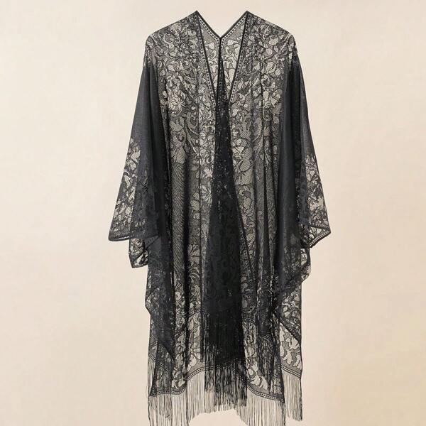 1 pieza Chal de mujer de encaje con cuello amplio, calado y tejido de punto, Kimono para cubrir bikini, protección UV