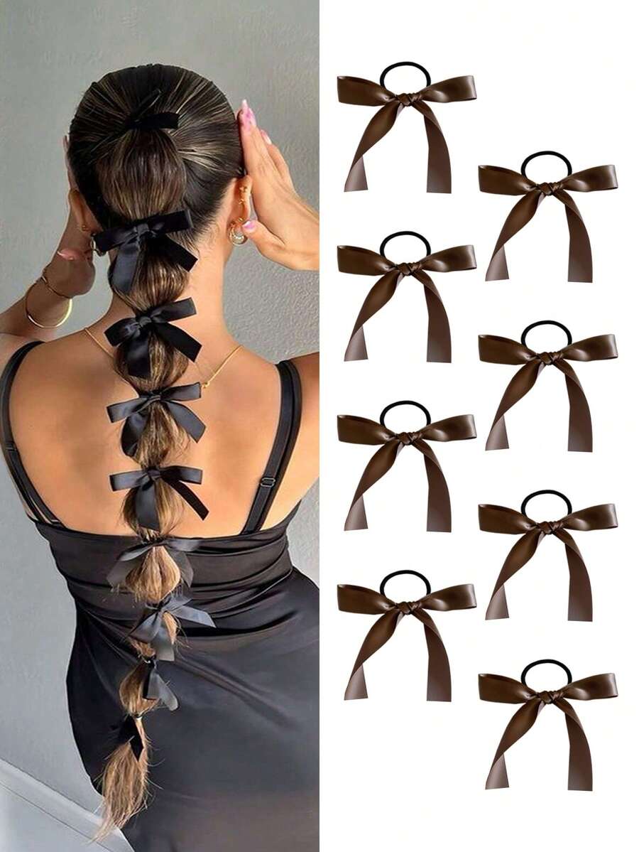 8件套多功能缎面蝴蝶结发圈，简约优雅新款韩版发饰，甜美公主风发饰，适合日常佩戴、送礼或拍照道具，女士及女孩适用，蝴蝶结发饰，发圈，发饰，马尾发圈，发绳，发圈，礼物，发绳头饰