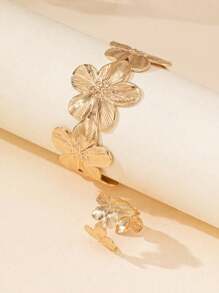 Floral Design Open Bangle & Ring Set For Women, Elegant Geometric Flower Pattern, Sexy Style, Versatile For Daily Wear - Minimalist Metal Bracelet