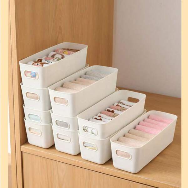 5pcs Stackable Plastic Storage Boxes With Handles, For Office, Home, Closet, Multi-Purpose Storage Baskets, Durable Containers For Socks, Underwear, Stationery, Cosmetics, Space-Saving Drawer Organizer