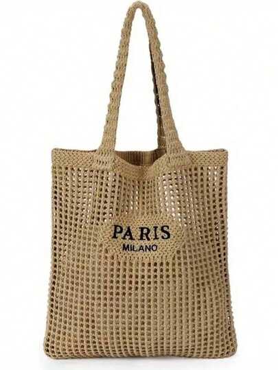 Knitted Shoulder Bag, Versatile Beach Tote Bag With Embroidered Hollow Letter Design, Casual Travel , Beach Bag