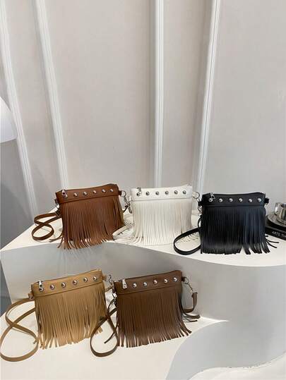 1pc PU Zipper Closure Crossbody Bag, Niche Creative Elegant Rivet Street Style Personalized Shoulder Bag With Tassel, Fashionable Underarm Bag For Women, Suitable For Daily Use, Perfect Gift For Girls