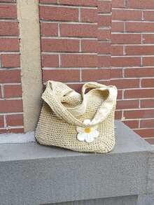 Yogodlns 时尚草编女单肩包编织女手提包大容量夏季沙滩草编包休闲托特包钱包手工钩针腋下包夏季针织女单肩包大容量镂空编织沙滩包网眼托特包手提包