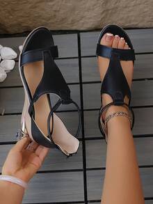 RALSWNAY 女式厚底坡跟黑色罗马风格拉链设计防滑凉鞋，带链条 - 黑色 - 查看 3