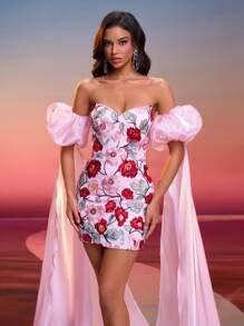 Anymoon Women's Floral Embroidered Patchwork Flowing Formal Gown, Elegant Maxi Dress