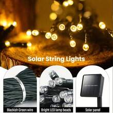 RTONTR 1 件暖光太阳能仙女灯 5 米 20 灯 /7 米 50 灯 /12 米 100 灯 /22 米 200 灯 LED IP 65 防水户外灯日常派对花园庭院户外树圣诞节万圣节节日使用（400mAh 镍氢电池）