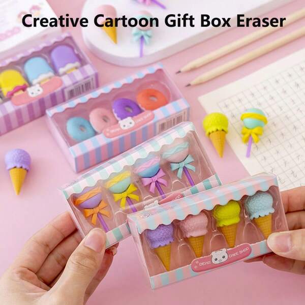 Creative Cartoon Gift Box Rubber Multi-Function Mini Erasers Portable Novelty Student Accessory Pencil Erasers For Cute Gift Prizes Small Erasers Or Students School Supplies Prize Gift Party Return To School Gift Simulated Dessert Burger Eraser School Supplies,Back To School