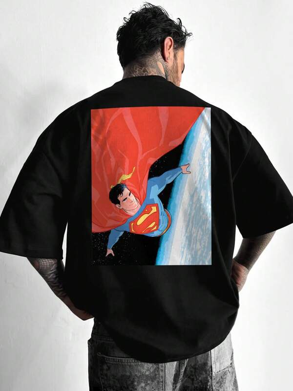 Warner Bros Camiseta masculina minimalista com estampa de galáxia do Superman e gola redonda, manga curta, preta, verão