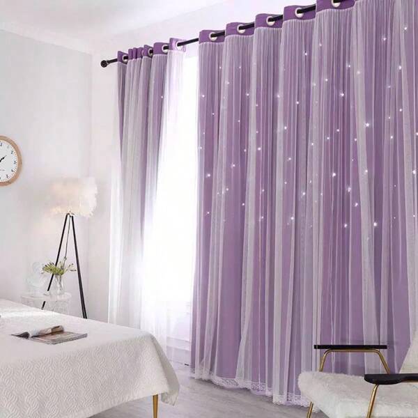 1pc Korean Style Double-Layer Princess Curtains Hollow Stars Blackout Curtains Double Layers Romantic Sheer Girls Curtains Nordic Star Ins Princess Style Curtain For Bedroom Living Room