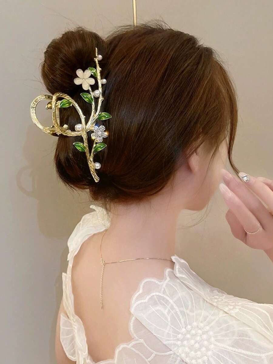 1pc Women's Alloy Flower, Cat Eye, Leaf, Crystal, Faux Pearl Decor Hair Claw Clip, Elegant Thick Hair Barrette, Simple Sophisticated Hair Accessory, Chic Fashion Hair Claw, Suitable For Daily Use Fashion Hair Accessories Elegant Hair Clip Fall Winter For Vacation Outfits Woman Summer Beach Holiday Essential Vacay Hair Clips - Gold - View 1