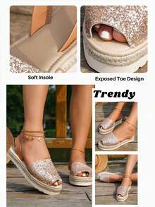 planare 女士时尚休闲沙滩风格草编 PU 材料露趾、轻便、圆头、露趾、露跟、露跟、闪光舒适夏季金色平底凉鞋 - 金色 - 查看 11