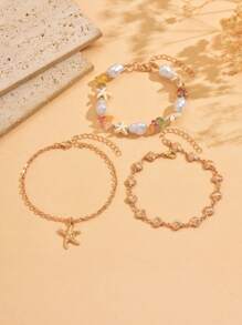 3 pièces/set Style bohème Chaîne faite main couleur or coquillage, mode faux perle pierre colorée pendentif étoile de mer, ensemble de bijoux de cheville pour femmes, convient pour la plage, les vacances, le décontracté, la tenue de rencard