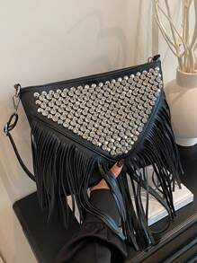 Bolso bandolera vintage de moda, bolso de hombro estilo bohemio, bolso cuadrado con borlas y remaches para decoración transversal, bolso informal de mensajería casual para viajes y uso diario, bolso de trabajo portátil tipo satchel, bolso bandolera pequeño con flecos.