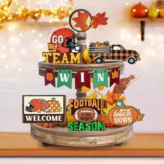 1/70 Sets Available, 10pcs/Set Thanksgiving Fall Football Wooden Tiered Tray Decorations For Autumn Holiday Thanksgiving Party Tabletop Decor,Rustic Buffalo Plaid Truck Pumpkin Helmet Game Football Harvest Mini Wooden Signs For Farmhouse Kitchen Table Decor(Without Tray)