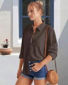 Womens Summer Linen Shirts Casual Button Down 2025 Long Sleeve Cotton Top Blouse Shirt With Pocket - Blue - View 6