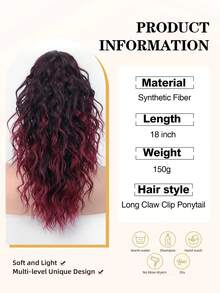 爪夹马尾辫接发，18 英寸波浪马尾辫接发，分层蓬松夹式马尾辫，适合女性合成假发 - 勃艮第 - 酒紅色 - 查看 2