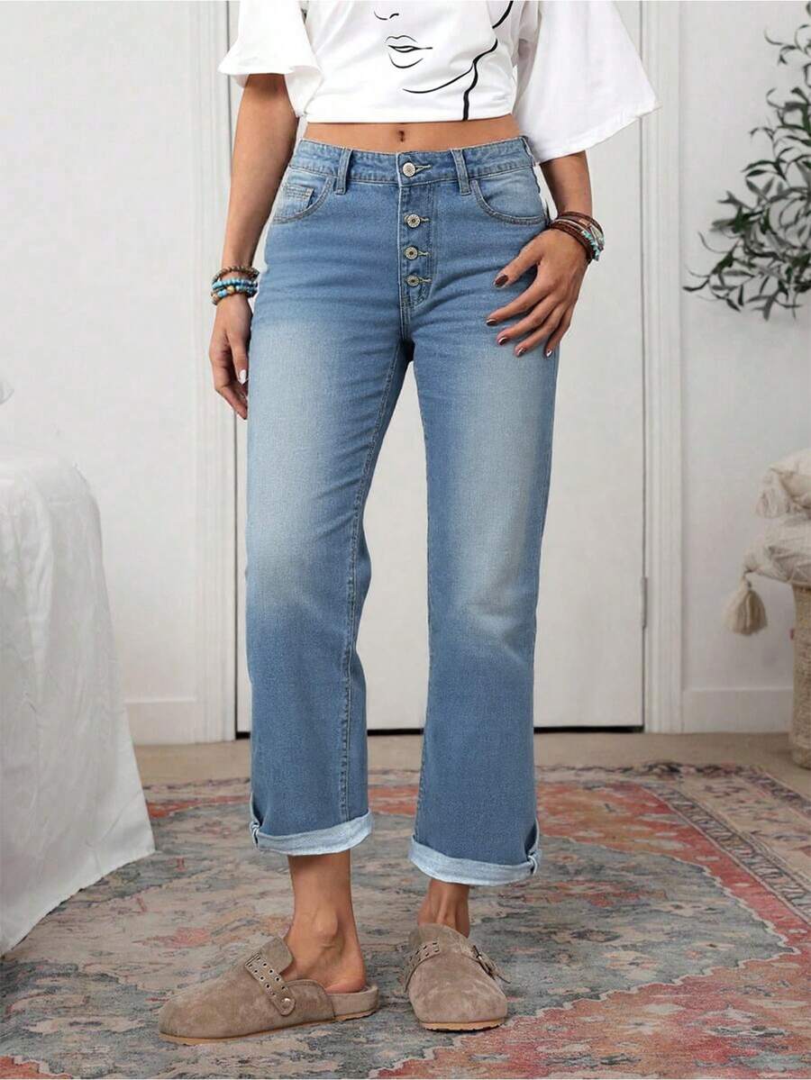 Women's Vintage Loose Straight Leg Baggy Jeans With Distressed Single Breasted Button - Light Wash - View 1