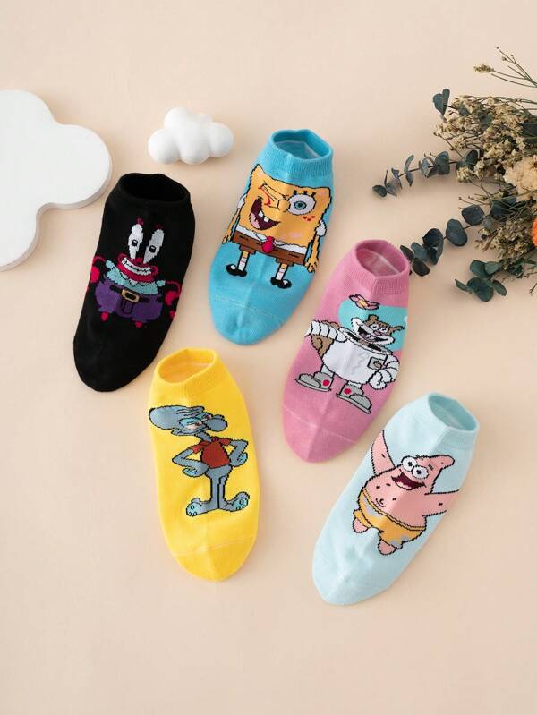 SPONGEBOB 5 Pairs Cartoon Spongebob Series Print Patterned Crew Socks For Kids, Cute Colorful Breathable Comfortable Athletic Socks, Suitable For Everyday Wear, Premium Fabric, All Season
