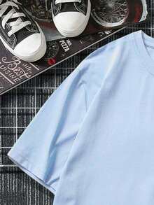 YUNCHIC - Áo thun nam dáng rộng vai rớt in họa tiết, thích hợp cho mùa xuân/hè. - Xanh da trời - Xem 5