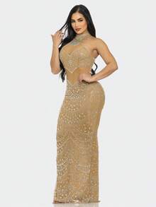 Women's Stylish Ruffle Bodycon Evening Gown - 裸體 - 查看 3