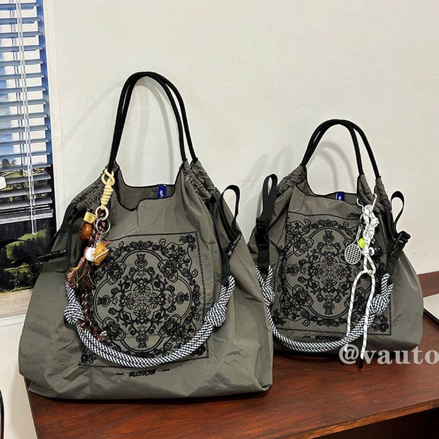 Vintage Floral Embroidered Nylon Handbag For Women - Large Capacity Lightweight Foldable Handbag With Adjustable Shoulder Straps, Deep Gray/Black, Perfect For Commuting, Travel, Beach & Holiday Gifts, Travel Handbag, Decorative Embroidery, No Lining Interior,Large-Capacity Handbags, Commuter Bags