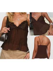 Women Pleated Camisole Sheer Mesh Spaghetti Strap Tank Top Lace Trim V Neck Bustier Cami Tops Streetwear - 深棕 - 查看 6