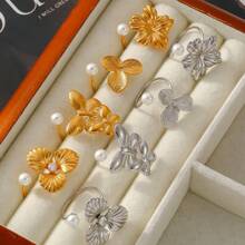 MiDuoDuo 1 pièce Bague fleur de perle de faux en acier inoxydable doré 18 carats, taille ajustable, bijou à la mode